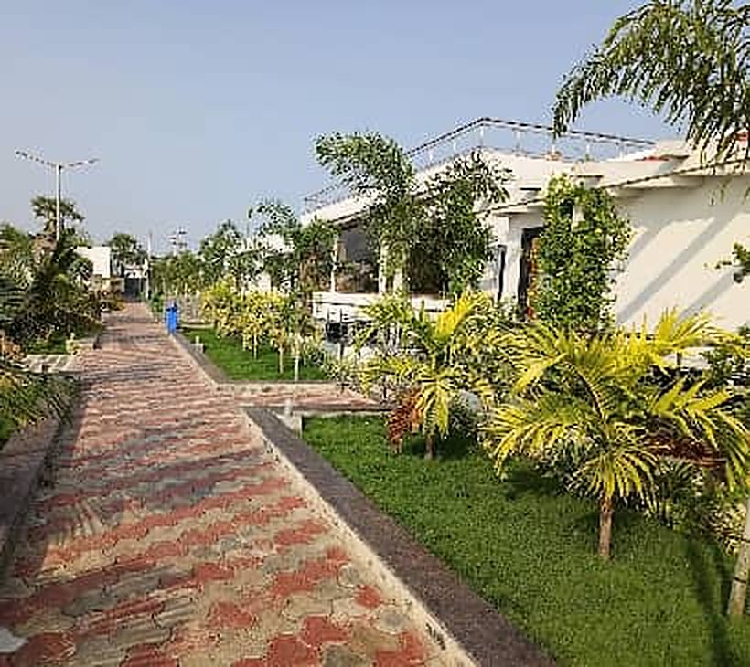 Paved garden pathway lined with palms at the resort in Chirala